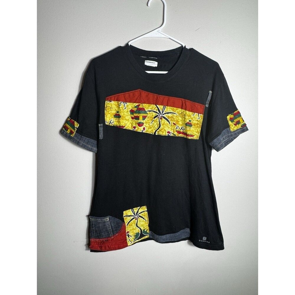 Handcrafted African Print Patchwork Denim Shirt – Unique Bohemian Style Large